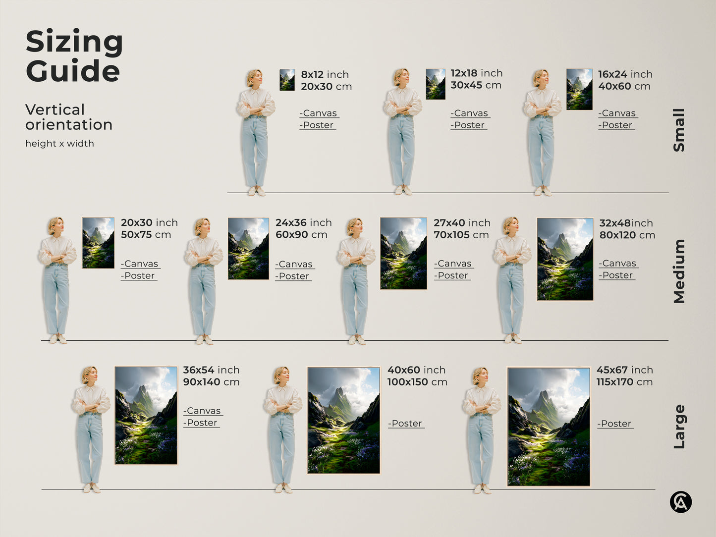 A sizing guide for the Green Floral Meadow art print. This mountain landscape canvas comes in small medium and large sizes. Find the perfect size for your home.