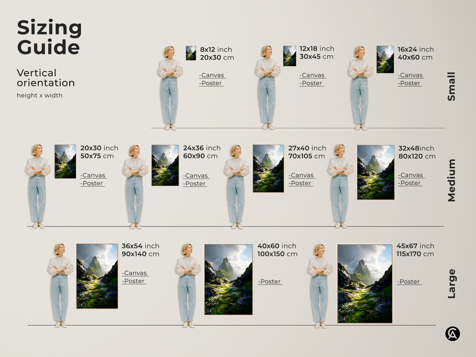 A sizing guide for the Green Floral Meadow art print. This mountain landscape canvas comes in small medium and large sizes. Find the perfect size for your home.