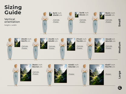 A sizing guide for the Green Floral Meadow art print. This mountain landscape canvas comes in small medium and large sizes. Find the perfect size for your home.