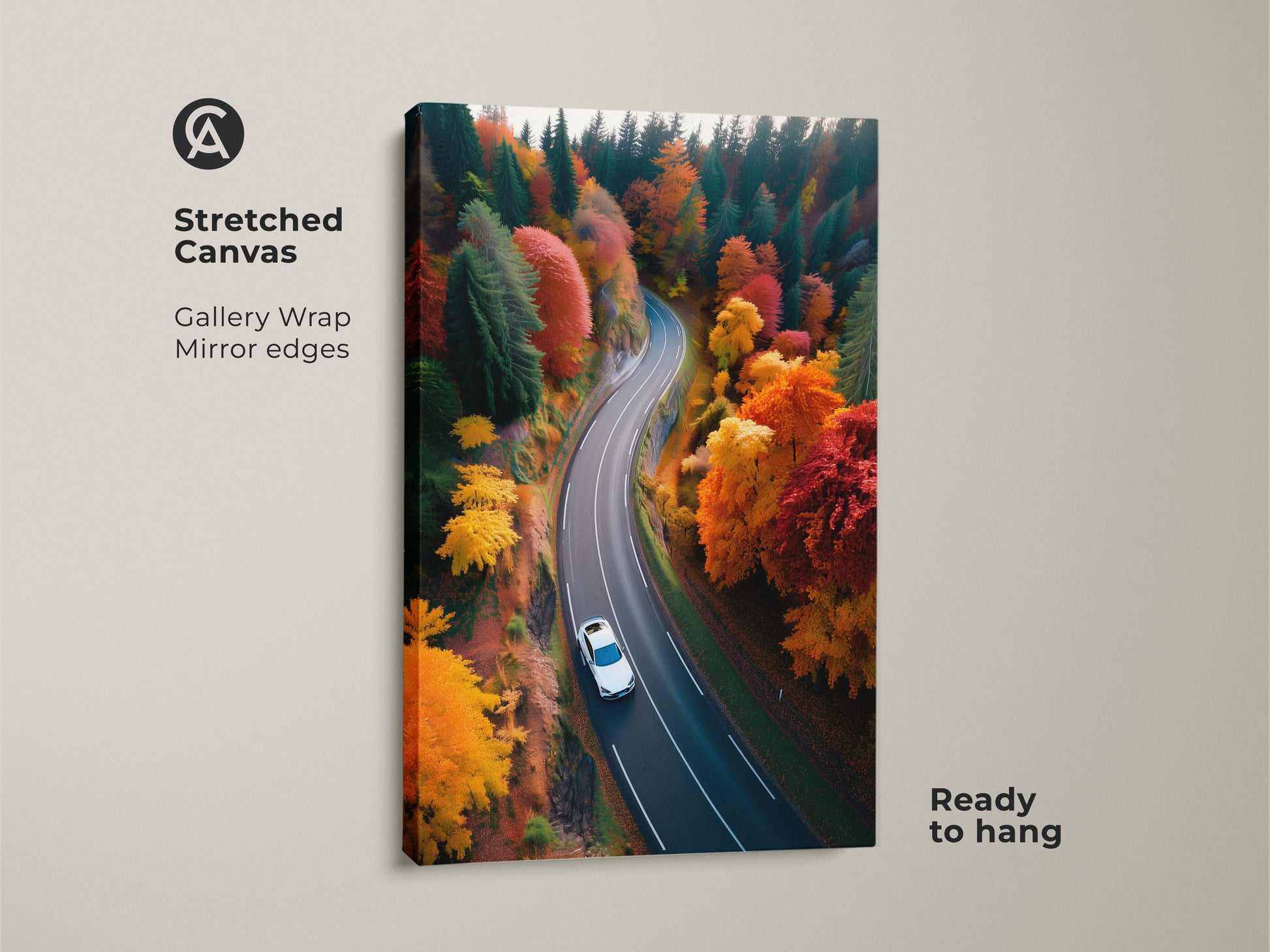 Elevate your decor with this stretched canvas art of an autumn road. Gallery wrapped with mirror edges its ready to hang. Enjoy a scenic mountain drive through red and orange foliage. This landscape print captures the essence of travel and nature.