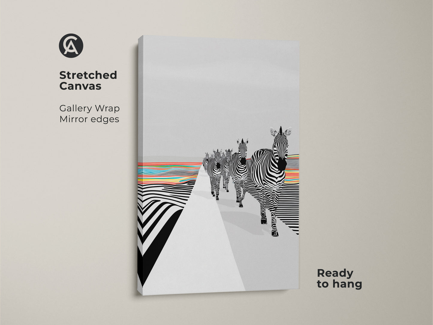 Abstract animal wall art is showcased on a stretched canvas. A zebra family walks along a black white rainbow road. The eclectic home decor art is ready to hang on your walls. It is a minimalist graphic animal theme wall hanging. The gallery wrapped canvas comes with mirrored edges