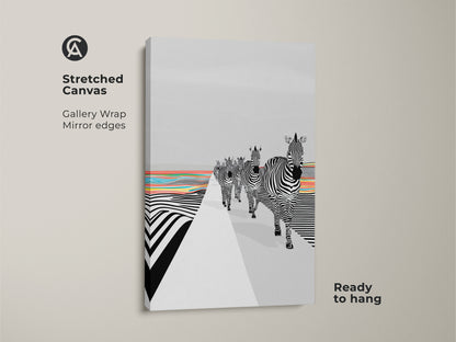 Abstract animal wall art is showcased on a stretched canvas. A zebra family walks along a black white rainbow road. The eclectic home decor art is ready to hang on your walls. It is a minimalist graphic animal theme wall hanging. The gallery wrapped canvas comes with mirrored edges