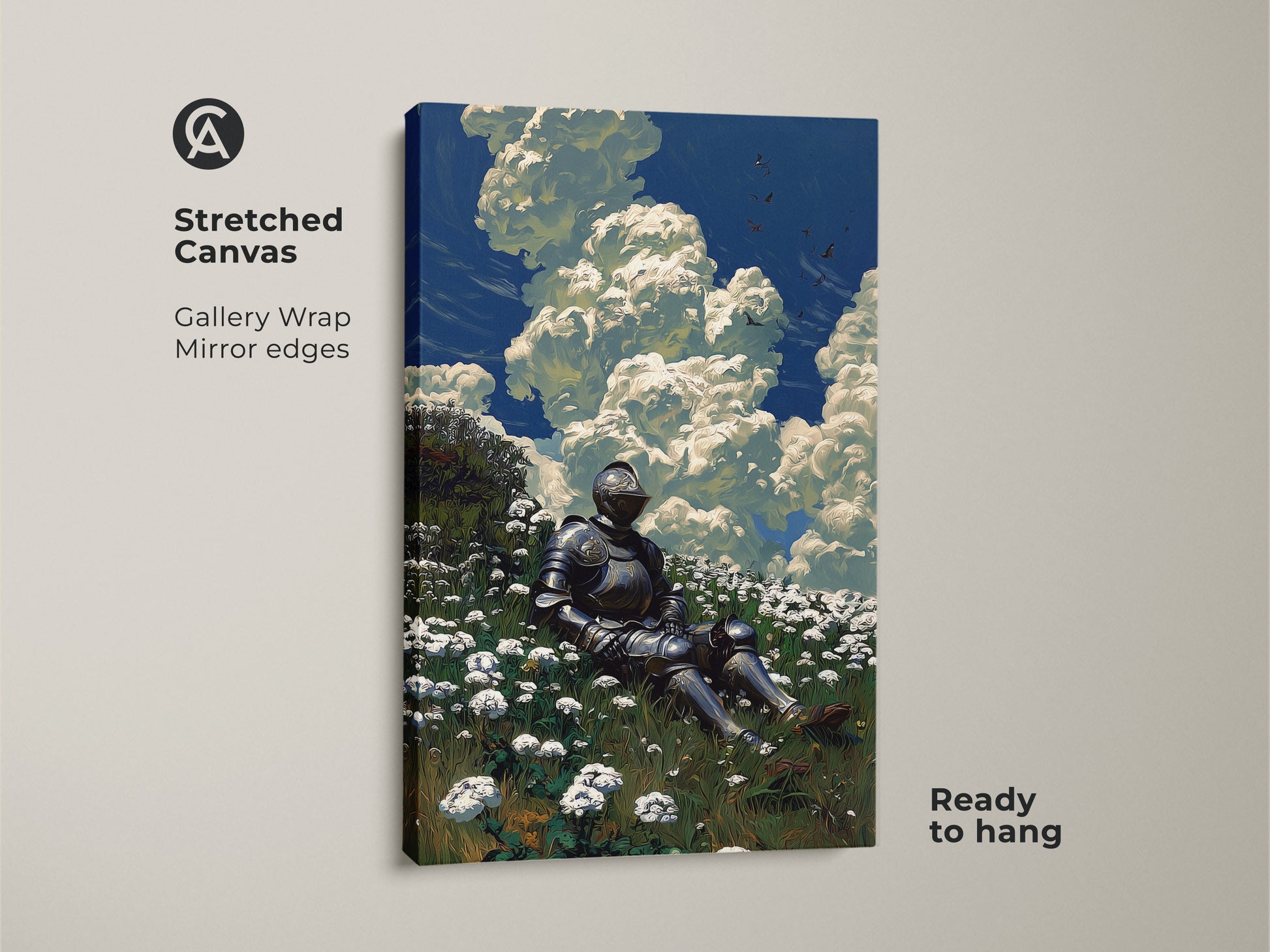 Stretched canvas art shows a knight in armor. It's medieval warrior wall art. Fantasy art for a bedroom. The artwork features blue skies clouds and a flower field.