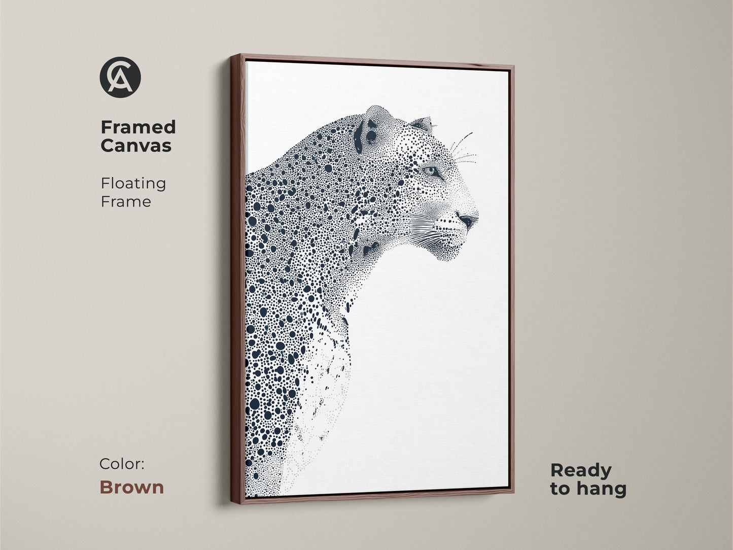 Framed canvas featuring a leopard illustration. This floating frame canvas print comes ready to hang. The brown frame enhances the black and white artwork. This creates a warm and inviting atmosphere. Perfect for adding an elegant wildlife touch.