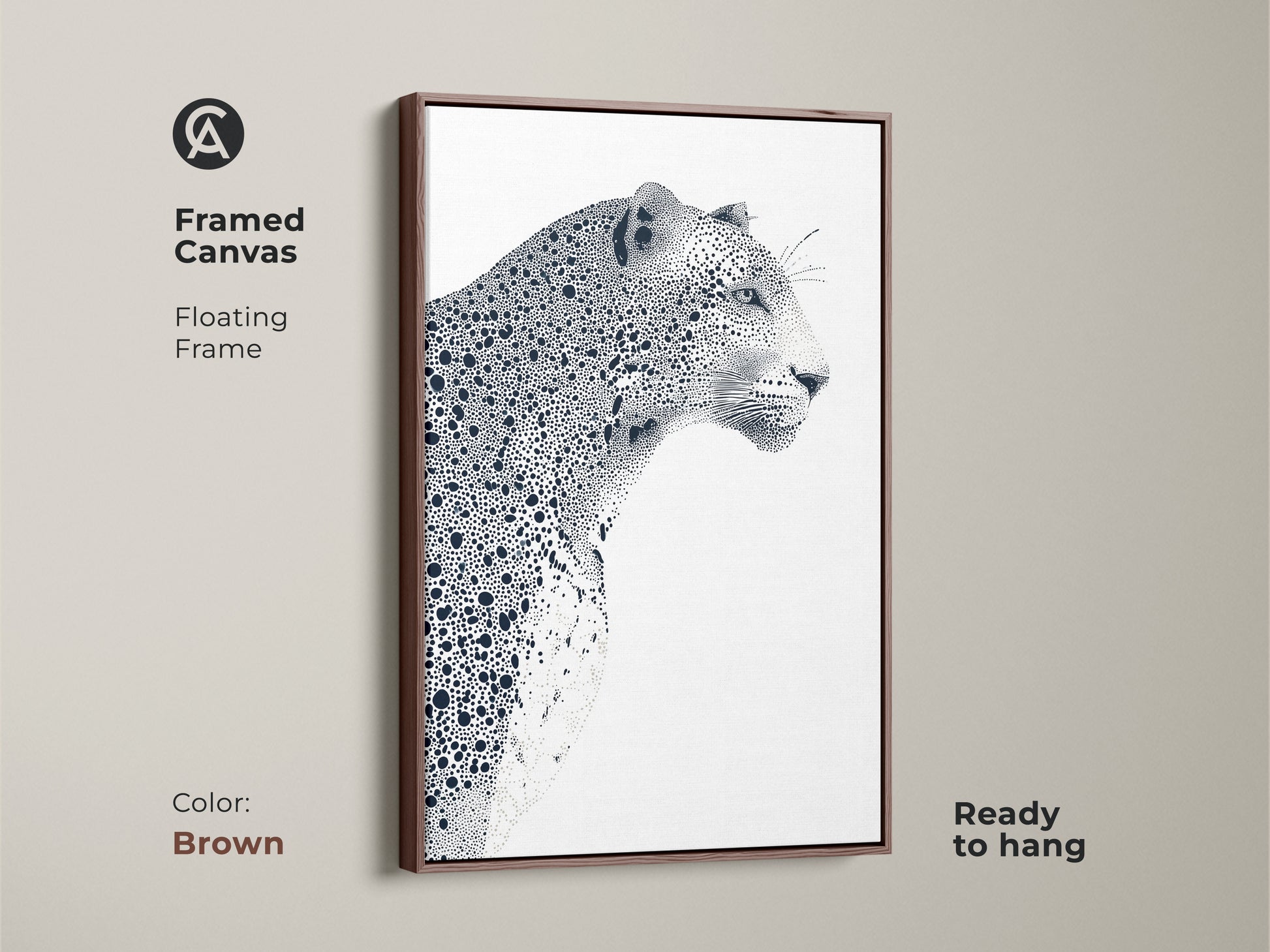 Framed canvas featuring a leopard illustration. This floating frame canvas print comes ready to hang. The brown frame enhances the black and white artwork. This creates a warm and inviting atmosphere. Perfect for adding an elegant wildlife touch.