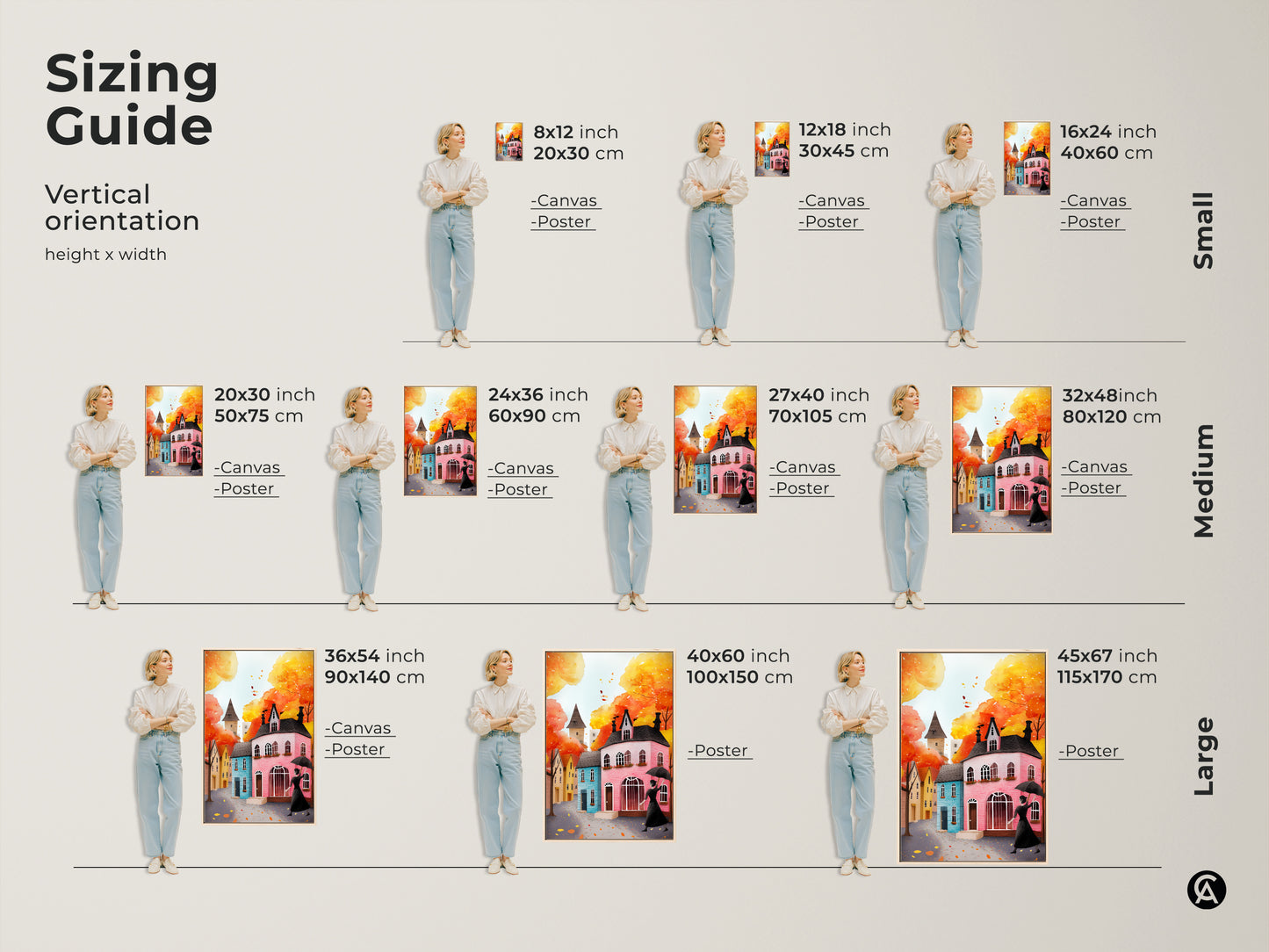 Sizing guide for vertical autumn cityscape art prints. Options include canvas and poster prints in various sizes. The artwork features a woman with an umbrella and charming houses. Find the perfect size to complement your fall decor. Add a touch of warmth and character to your residential setting with this eclectic home style art.