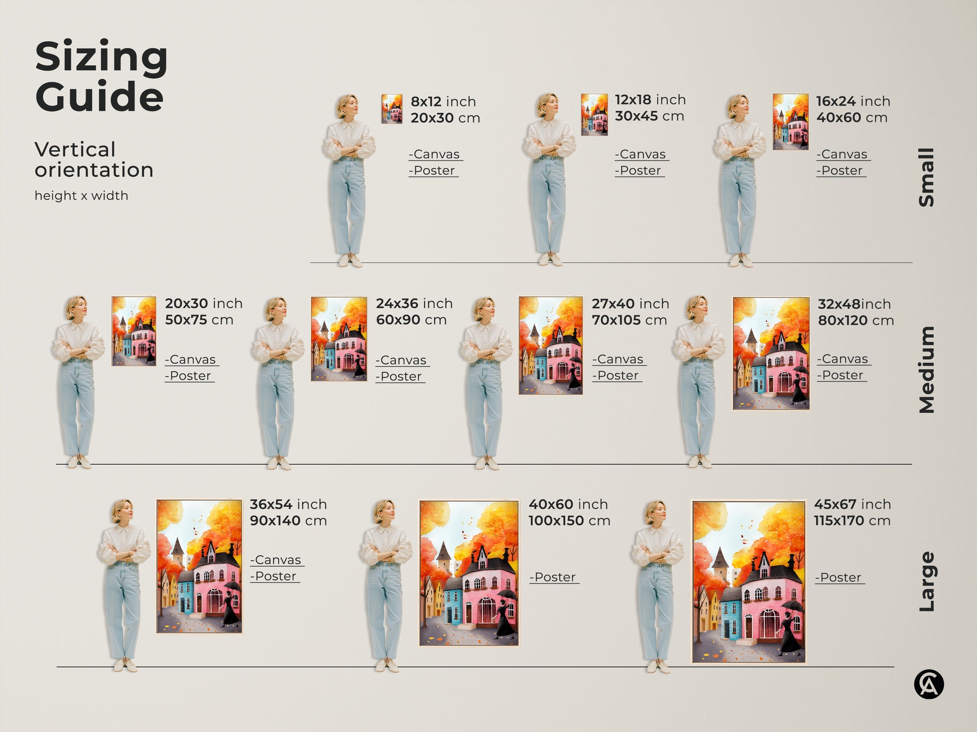 Sizing guide for vertical autumn cityscape art prints. Options include canvas and poster prints in various sizes. The artwork features a woman with an umbrella and charming houses. Find the perfect size to complement your fall decor. Add a touch of warmth and character to your residential setting with this eclectic home style art.