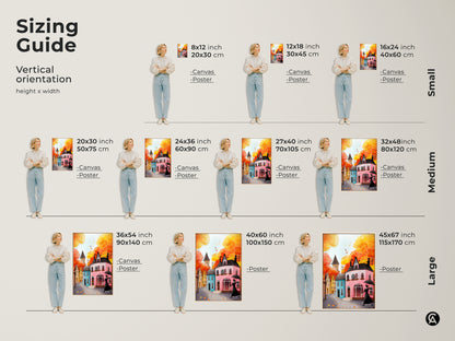 Sizing guide for vertical autumn cityscape art prints. Options include canvas and poster prints in various sizes. The artwork features a woman with an umbrella and charming houses. Find the perfect size to complement your fall decor. Add a touch of warmth and character to your residential setting with this eclectic home style art.