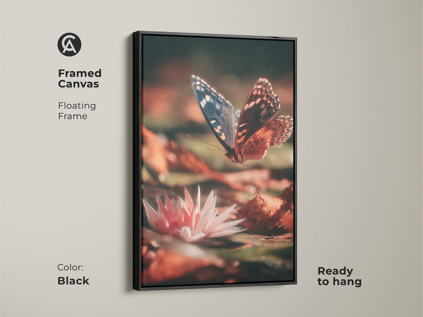 Black framed canvas featuring butterfly and water lily art. This macro insect photography captures the beauty of nature. The botanical nature canvas wall art is ready to hang.