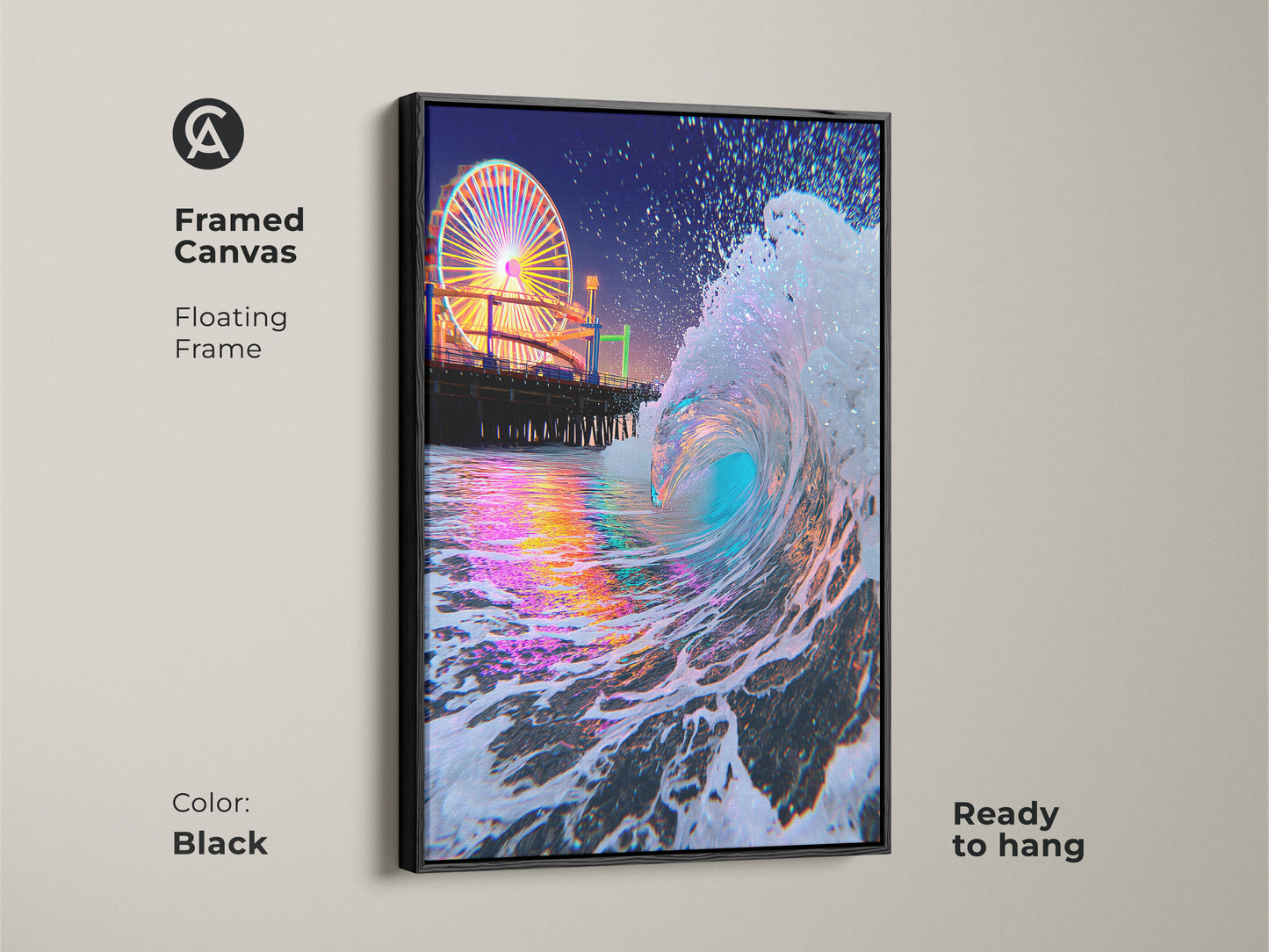 Framed canvas showcasing teal blue and pink ocean waves. A floating black frame enhances the contemporary beach decor. The nighttime Ferris wheel artwork is ready to hang adding art to any space.