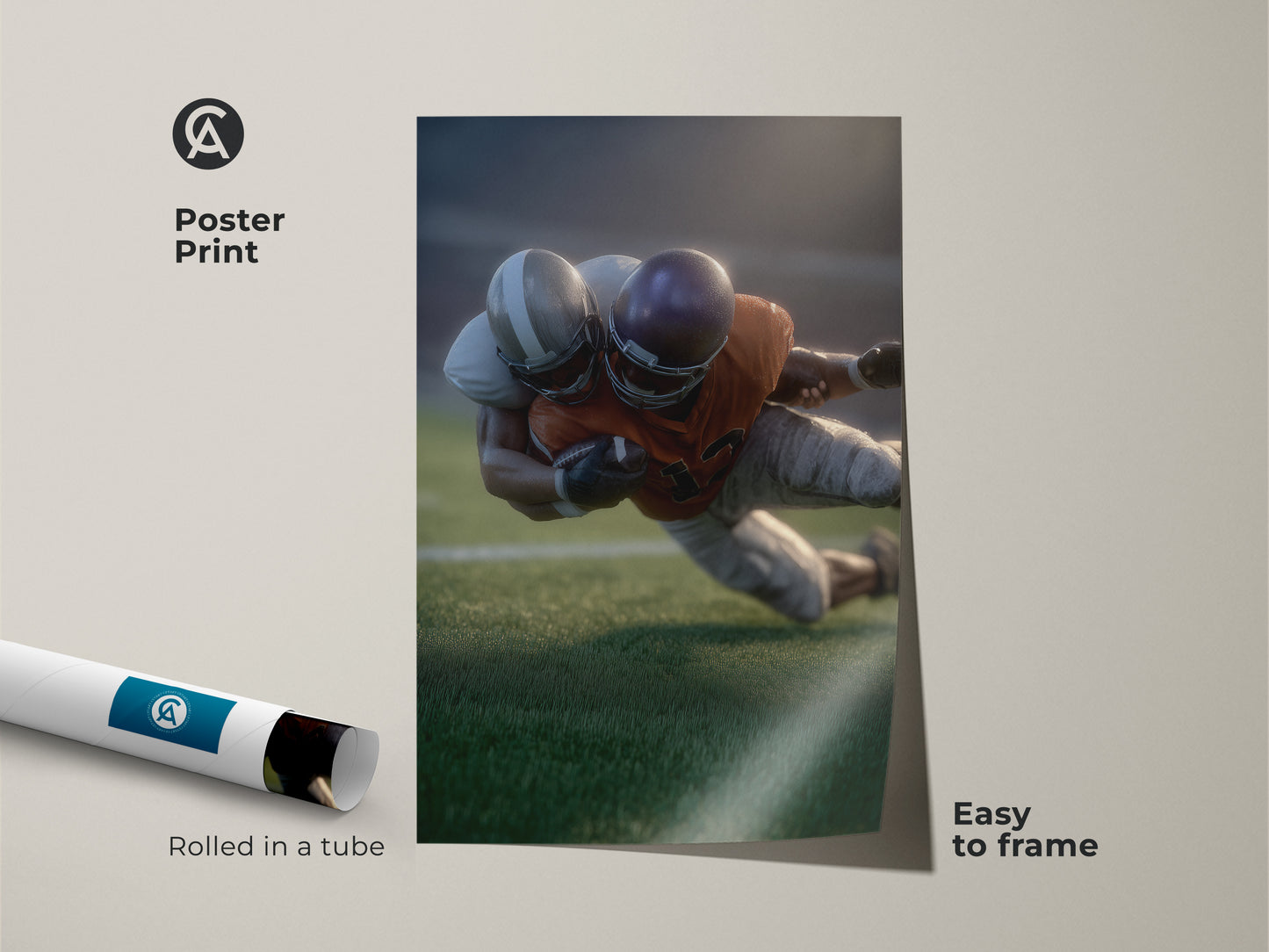 A poster print of realistic football players in action. It is rolled in a tube for easy framing. This sports action artwork makes a great addition to any sports enthusiast's collection. Ideal for adding a touch of modern sports art to office or home decor. A perfect gift for football fans.