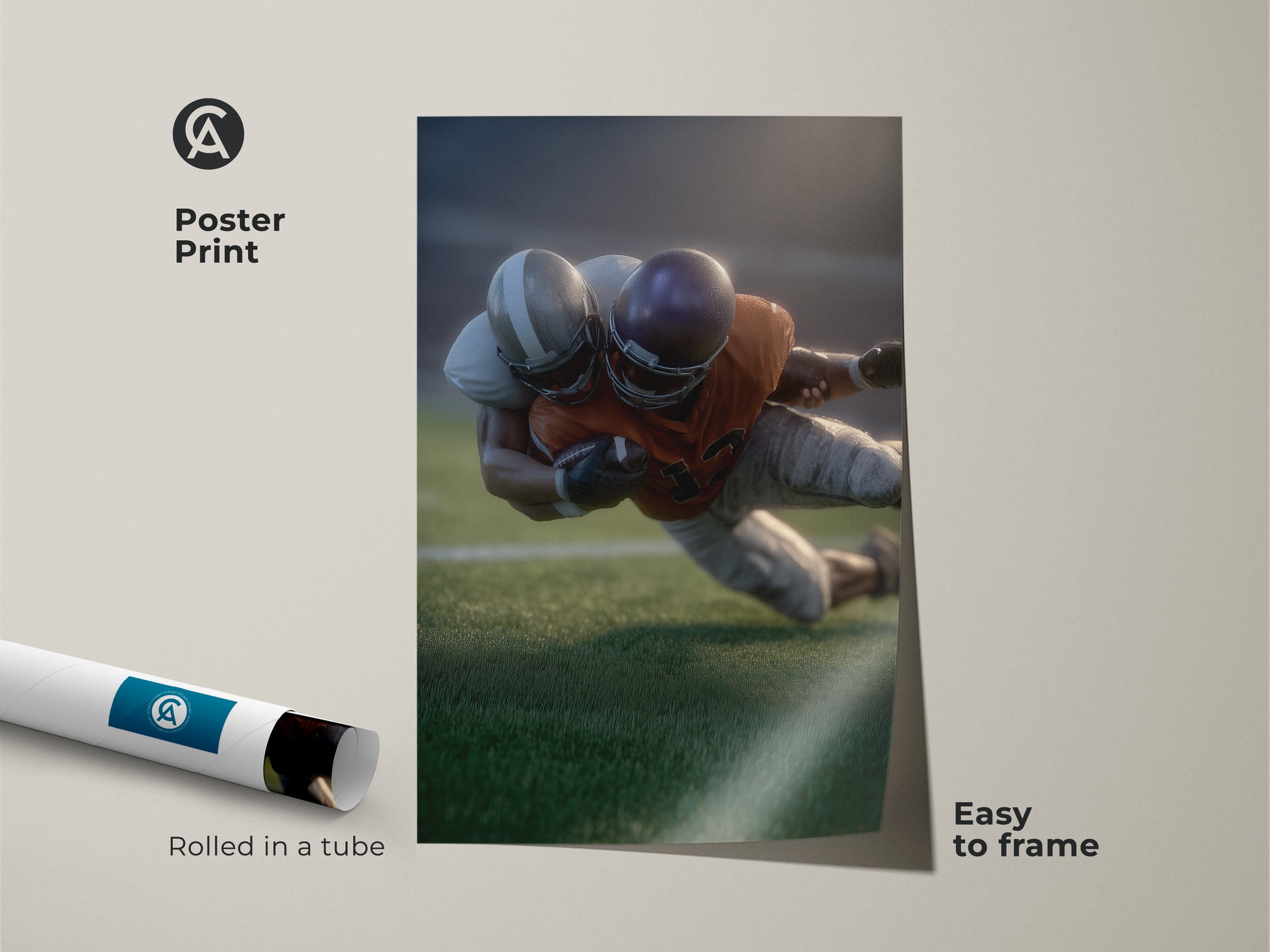 A poster print of realistic football players in action. It is rolled in a tube for easy framing. This sports action artwork makes a great addition to any sports enthusiast's collection. Ideal for adding a touch of modern sports art to office or home decor. A perfect gift for football fans.