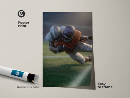 A poster print of realistic football players in action. It is rolled in a tube for easy framing. This sports action artwork makes a great addition to any sports enthusiast's collection. Ideal for adding a touch of modern sports art to office or home decor. A perfect gift for football fans.