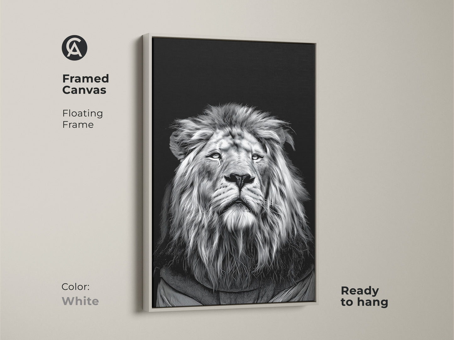 Framed canvas with a floating frame showcasing a realistic monochrome lion portrait in a white frame. This black and white lion canvas is an ideal piece of wildlife animal art decor for modern home decor. A perfect animal lover gift for any occasion. Enhance your space with this safari themed artwork.