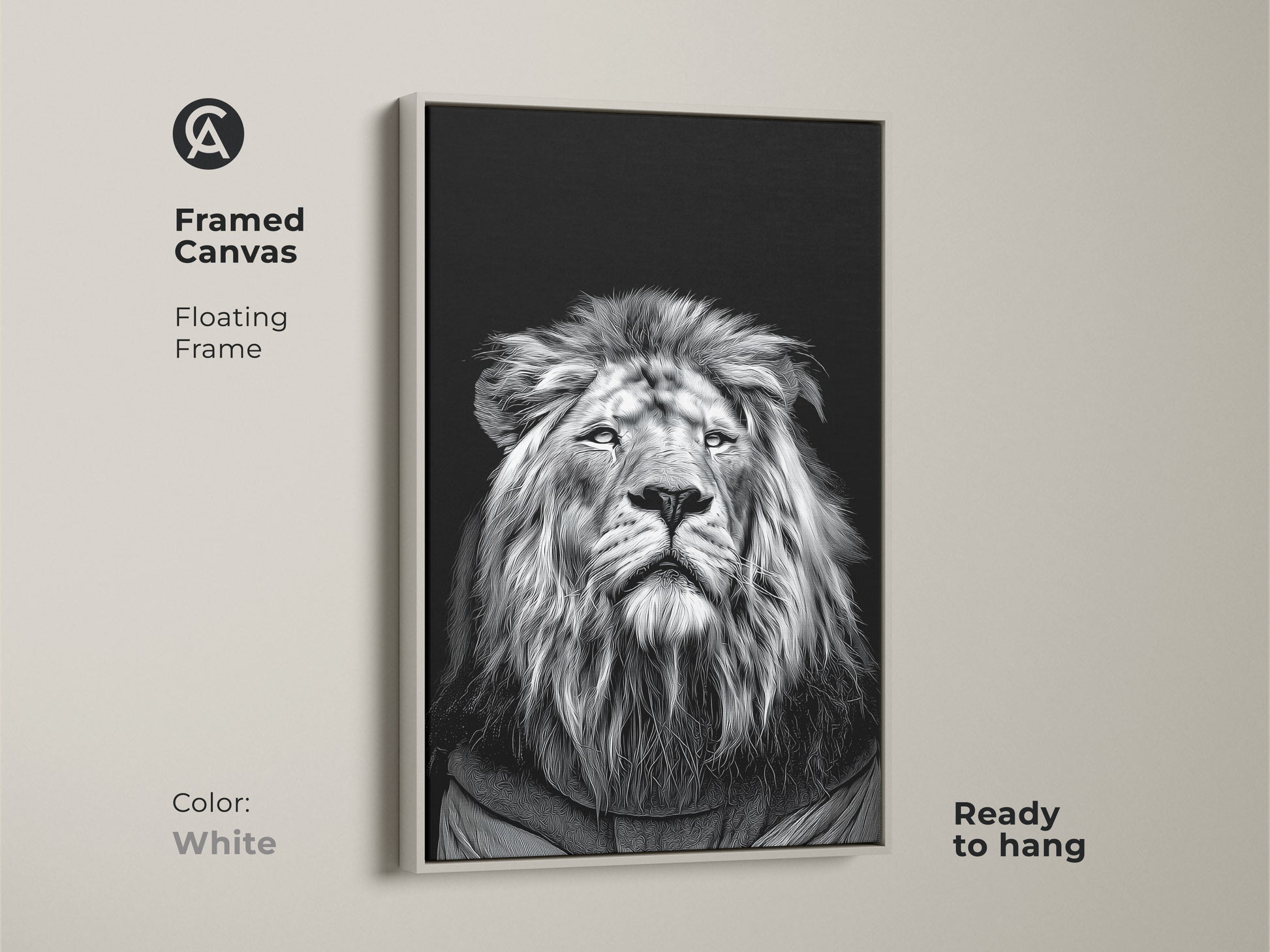 Framed canvas with a floating frame showcasing a realistic monochrome lion portrait in a white frame. This black and white lion canvas is an ideal piece of wildlife animal art decor for modern home decor. A perfect animal lover gift for any occasion. Enhance your space with this safari themed artwork.