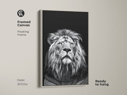 Framed canvas with a floating frame showcasing a realistic monochrome lion portrait in a white frame. This black and white lion canvas is an ideal piece of wildlife animal art decor for modern home decor. A perfect animal lover gift for any occasion. Enhance your space with this safari themed artwork.