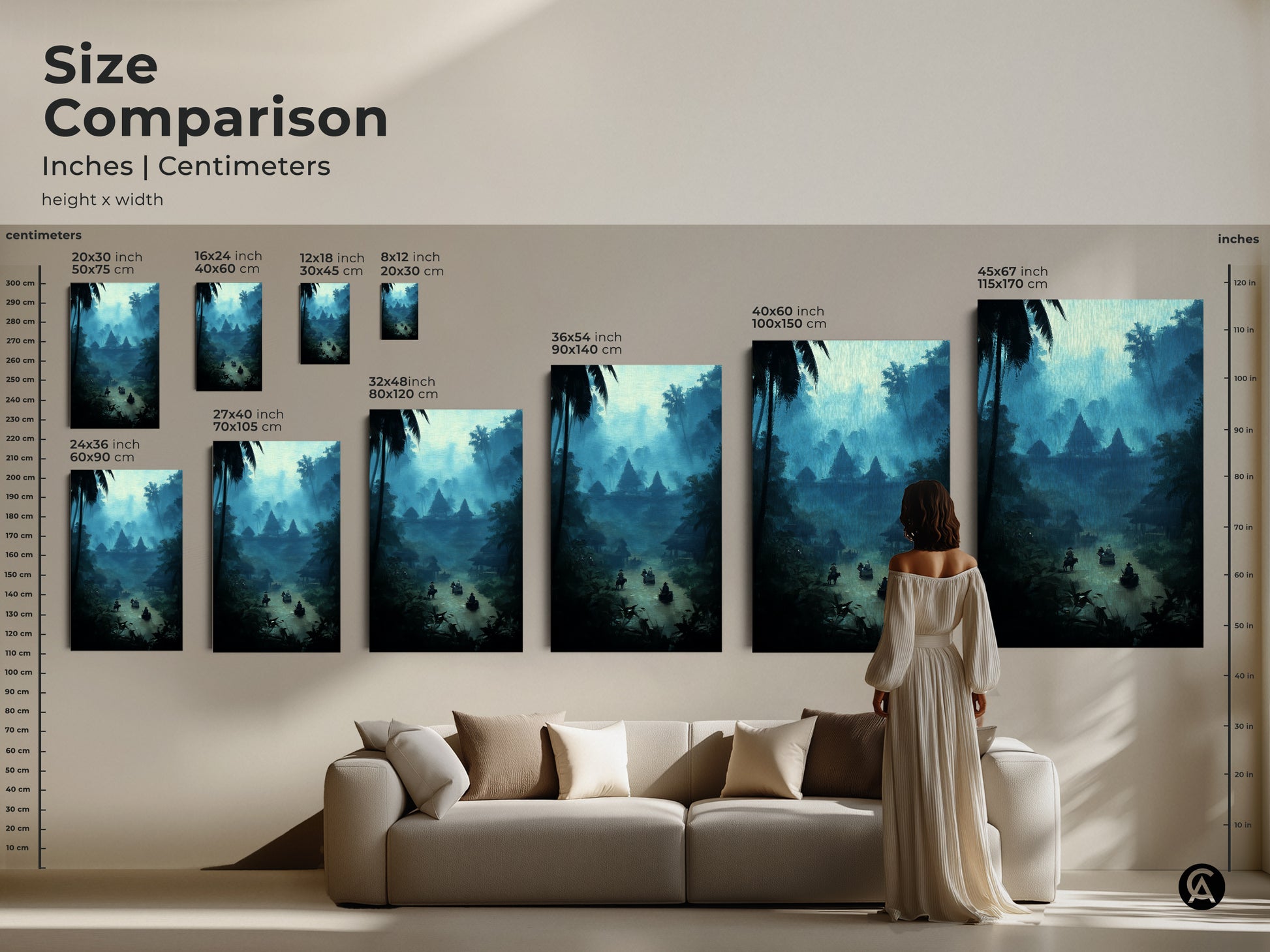 Size comparison of the misty blue jungle river art in inches and centimeters. See how the artwork looks above a sofa. Various sizes are available. Choose the ideal scale for your bohemian landscape canvas. Elevate your travel-inspired wall art.