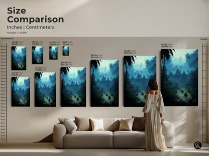 Size comparison of the misty blue jungle river art in inches and centimeters. See how the artwork looks above a sofa. Various sizes are available. Choose the ideal scale for your bohemian landscape canvas. Elevate your travel-inspired wall art.