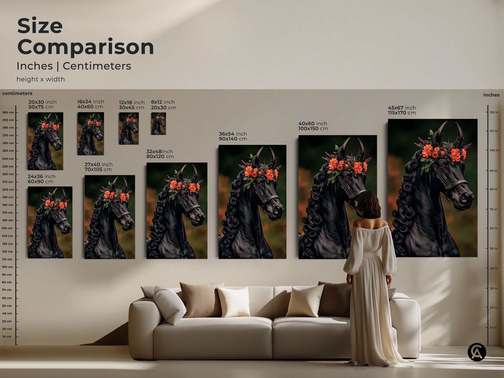 Size comparison of the black horse art print in a living room setting. Various canvas sizes demonstrate how this piece fits into different spaces. This gothic horse art print enhances any eclectic decor. See how this equestrian wall decor can transform your room.