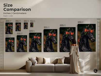 Size comparison of the black horse art print in a living room setting. Various canvas sizes demonstrate how this piece fits into different spaces. This gothic horse art print enhances any eclectic decor. See how this equestrian wall decor can transform your room.