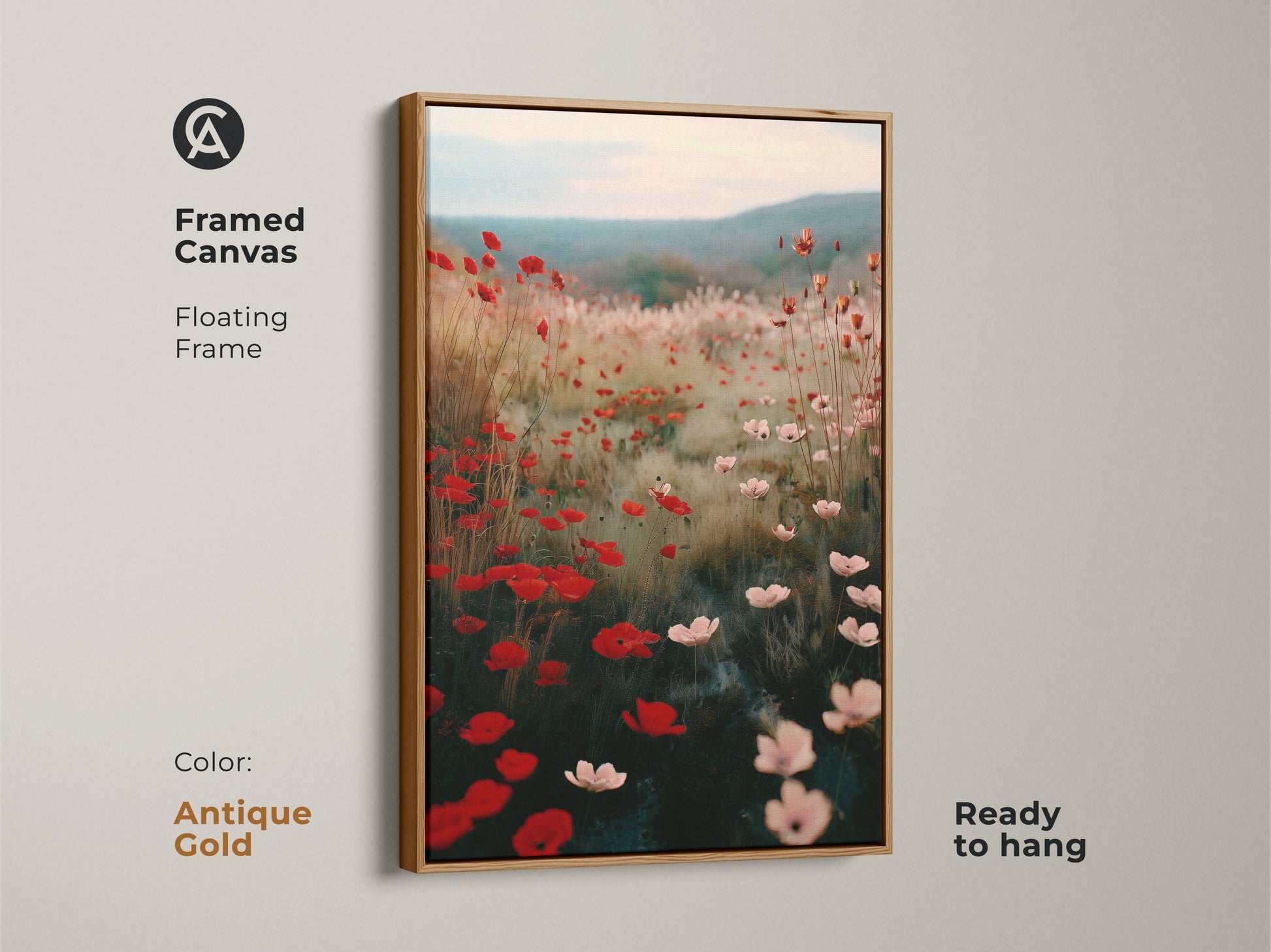 Framed canvas with an antique gold floating frame presents a Crimson Red Poppy Field artwork. This impressionistic floral canvas is ready to hang. Soft pink wildflowers add a bohemian touch. Ideal as a nature lover gift for artistic flower wall hanging.