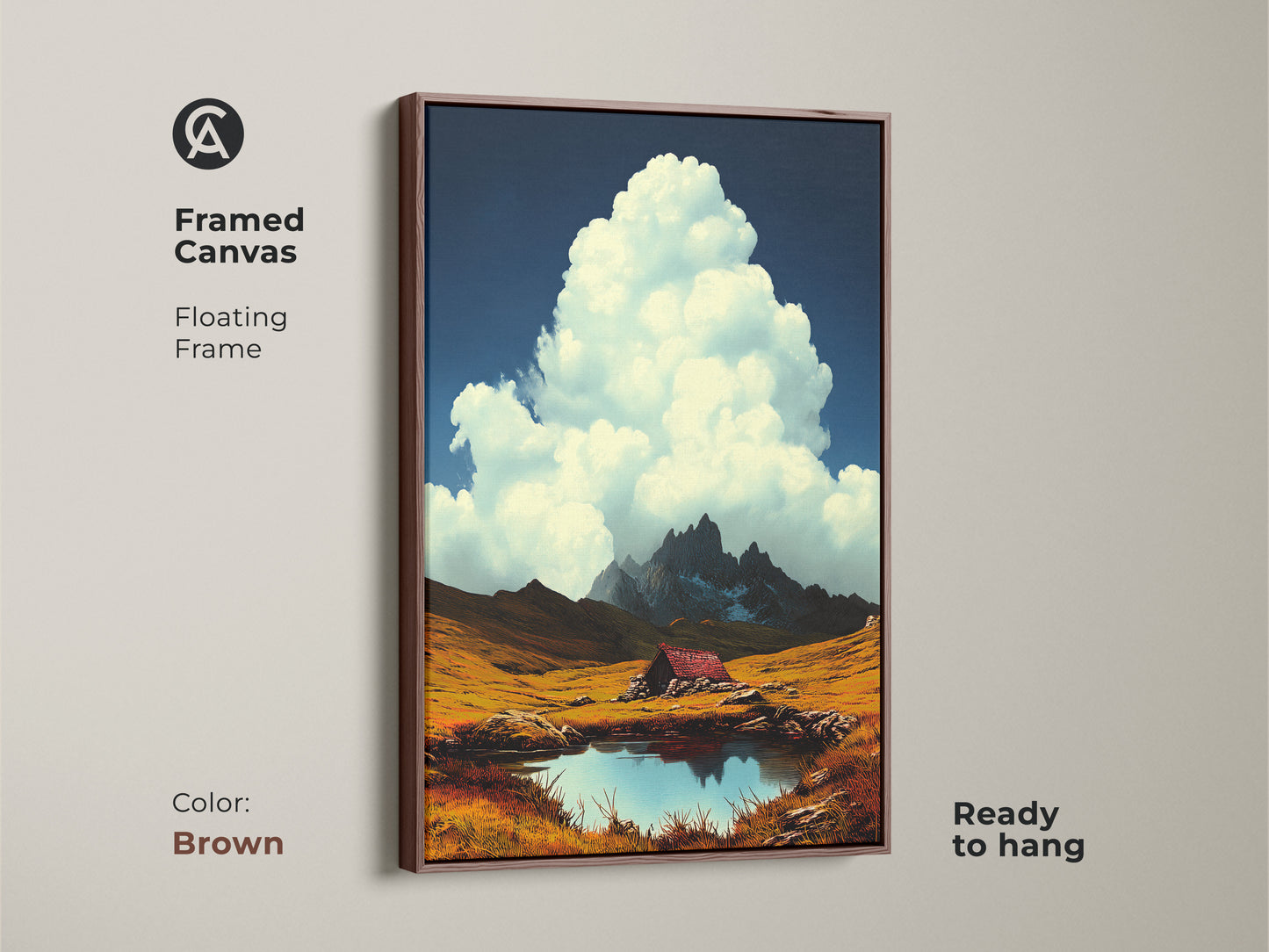 Framed mountain cabin canvas art with a brown floating frame. The alpine lake landscape features a deep blue sky and golden field. Rustic artwork is ready to hang. Enjoy the beauty of nature. Perfect scenic wall art for country living rooms. Great gift for outdoor lovers.