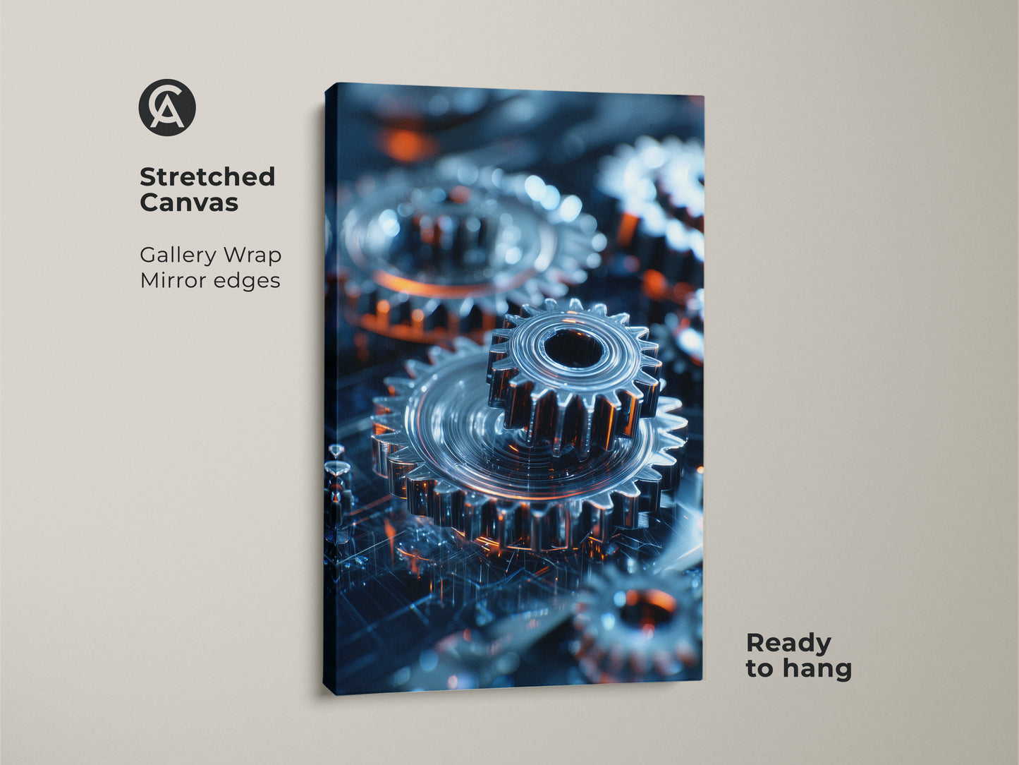 Transform your walls with this stretched canvas art print. It features an abstract depiction of industrial gears and machinery. The metallic silver and orange tones add a futuristic tech aesthetic. Ready to hang and perfect for modern industrial decor.