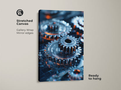 Transform your walls with this stretched canvas art print. It features an abstract depiction of industrial gears and machinery. The metallic silver and orange tones add a futuristic tech aesthetic. Ready to hang and perfect for modern industrial decor.