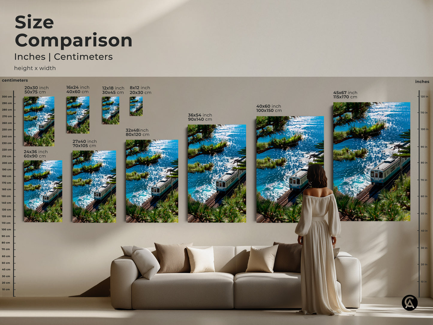 A size comparison of blue train artwork. Visualize canvas and poster print sizes in inches and centimeters. Perfect for any room in your home this art offers museum-quality elegance.