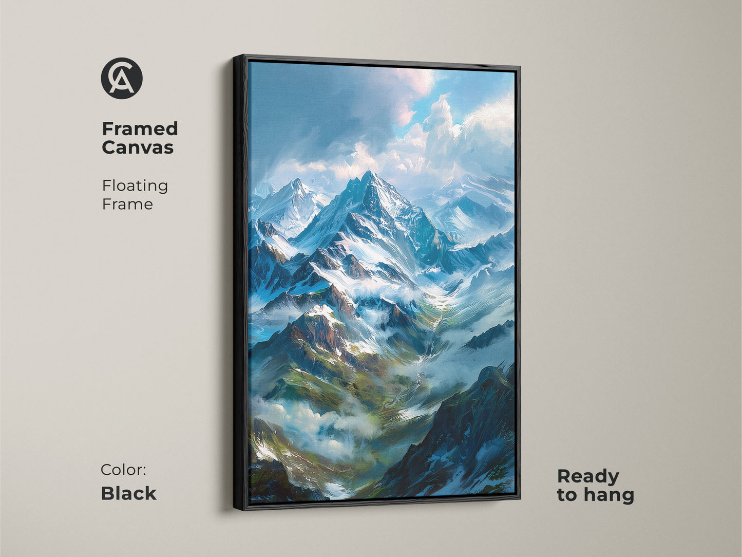 Framed canvas featuring a beautiful mountain landscape artwork. The black floating frame adds a touch of elegance to this ready-to-hang piece. Elevate your home decor with this stunning wall art.