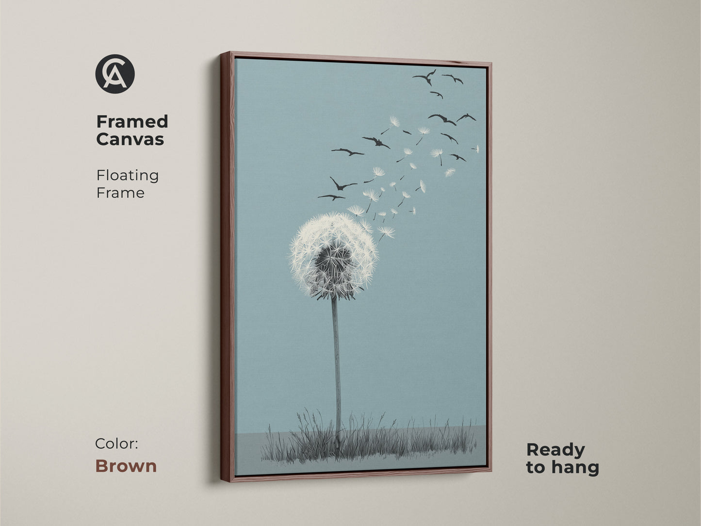 Framed canvas featuring a dandelion releasing seeds with birds. This minimalist nature canvas comes with a brown floating frame. The sky blue and white decor adds a touch of serenity to any space. Perfect as a thoughtful housewarming gift. Bring gentle movement and aspiration to your home with this symbolic art.