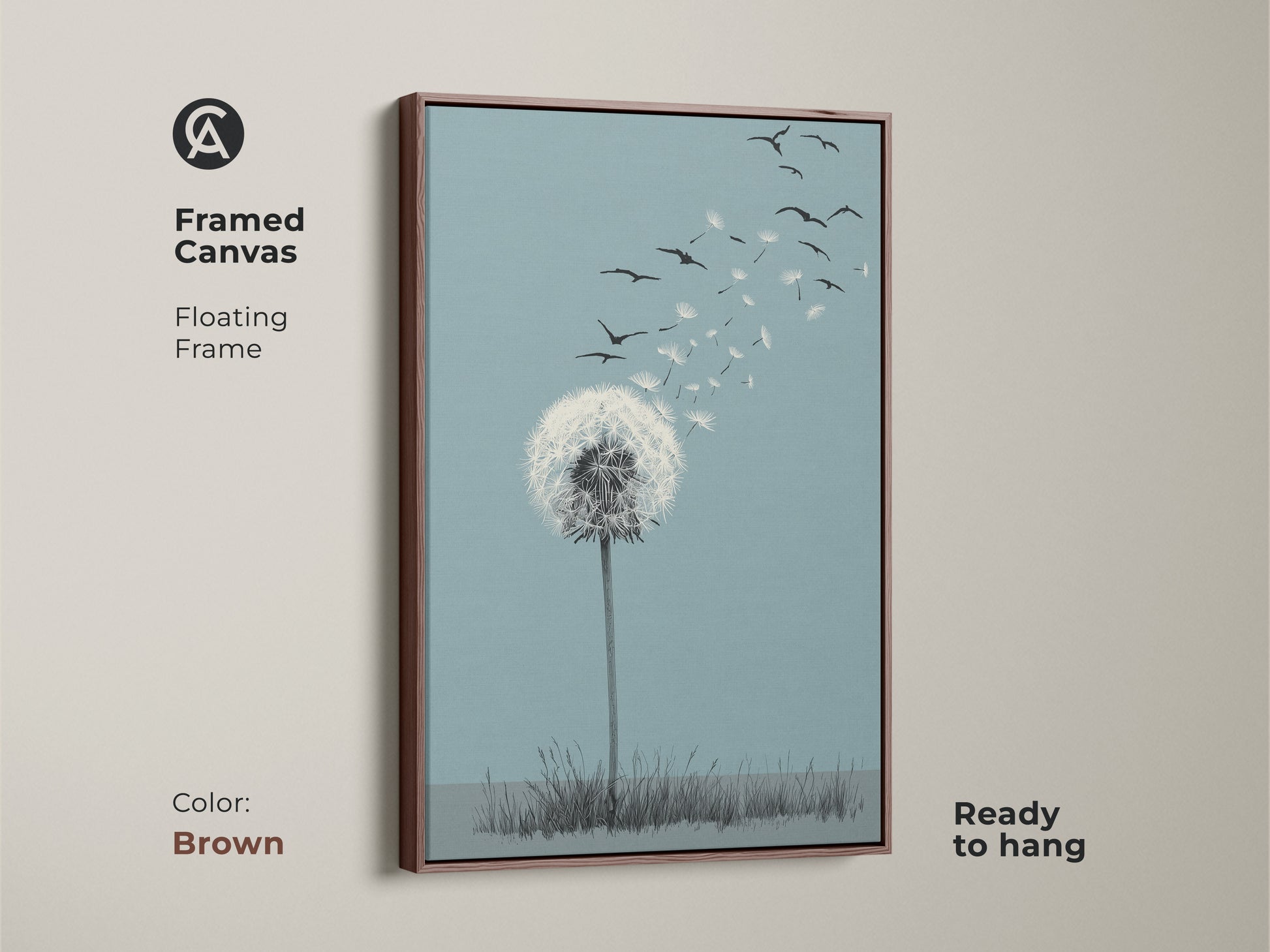 Framed canvas featuring a dandelion releasing seeds with birds. This minimalist nature canvas comes with a brown floating frame. The sky blue and white decor adds a touch of serenity to any space. Perfect as a thoughtful housewarming gift. Bring gentle movement and aspiration to your home with this symbolic art.