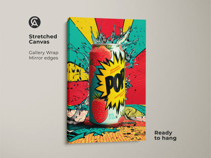 Stretched canvas print featuring a strawberry soda can artwork. The gallery wrap has mirrored edges. It is ready to hang. The colorful pop art style makes it a striking focal point in any space.
