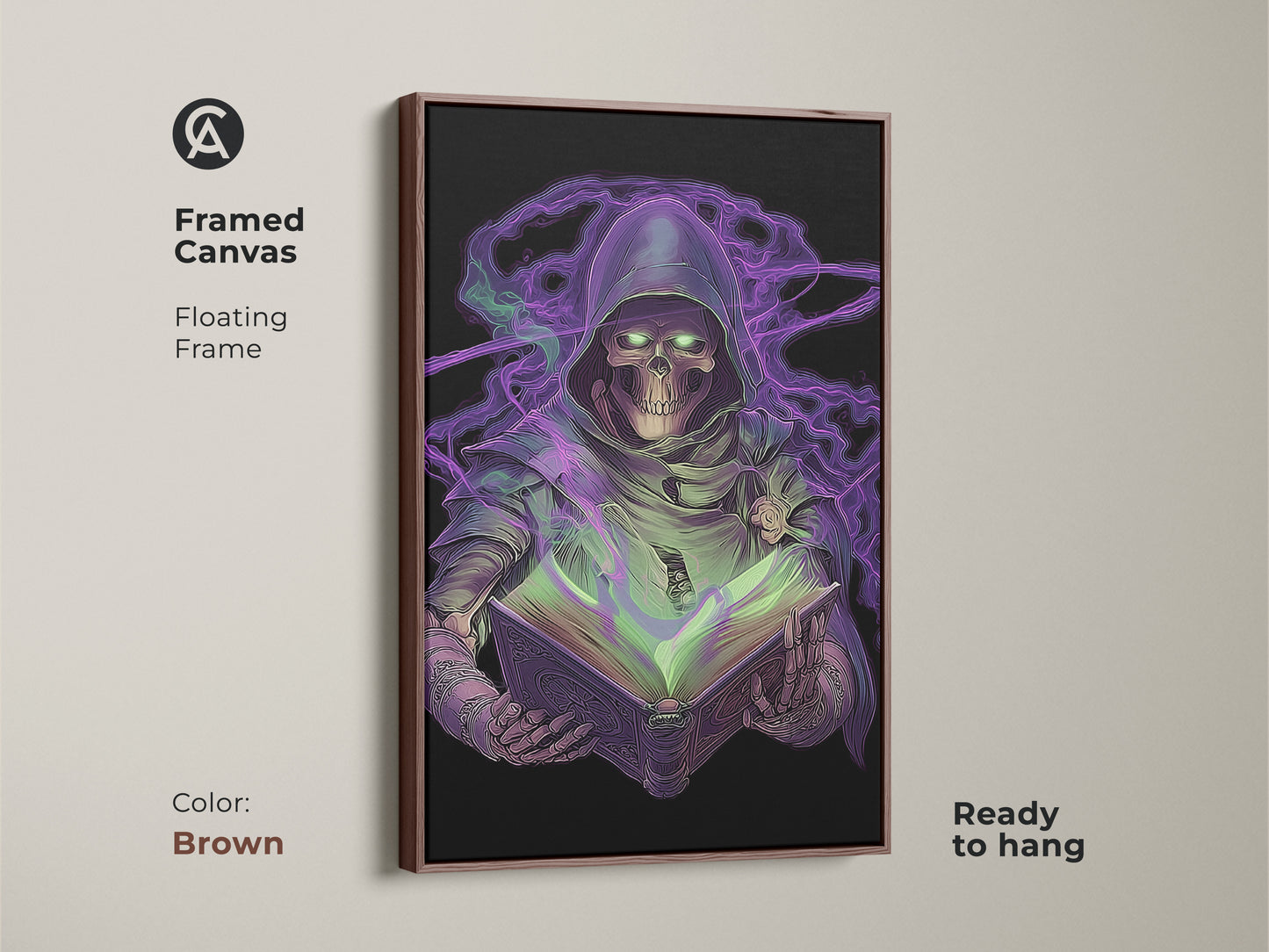 Framed canvas showcasing neon purple Grim Reaper art. A gothic skeleton reads a spellbook. Brown floating frame complements the dark fantasy wall art. Ready to hang in your study room. A unique piece of witchcraft spellbook print