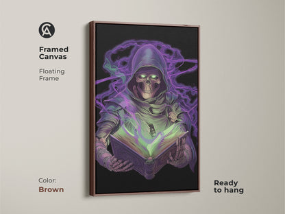 Framed canvas showcasing neon purple Grim Reaper art. A gothic skeleton reads a spellbook. Brown floating frame complements the dark fantasy wall art. Ready to hang in your study room. A unique piece of witchcraft spellbook print