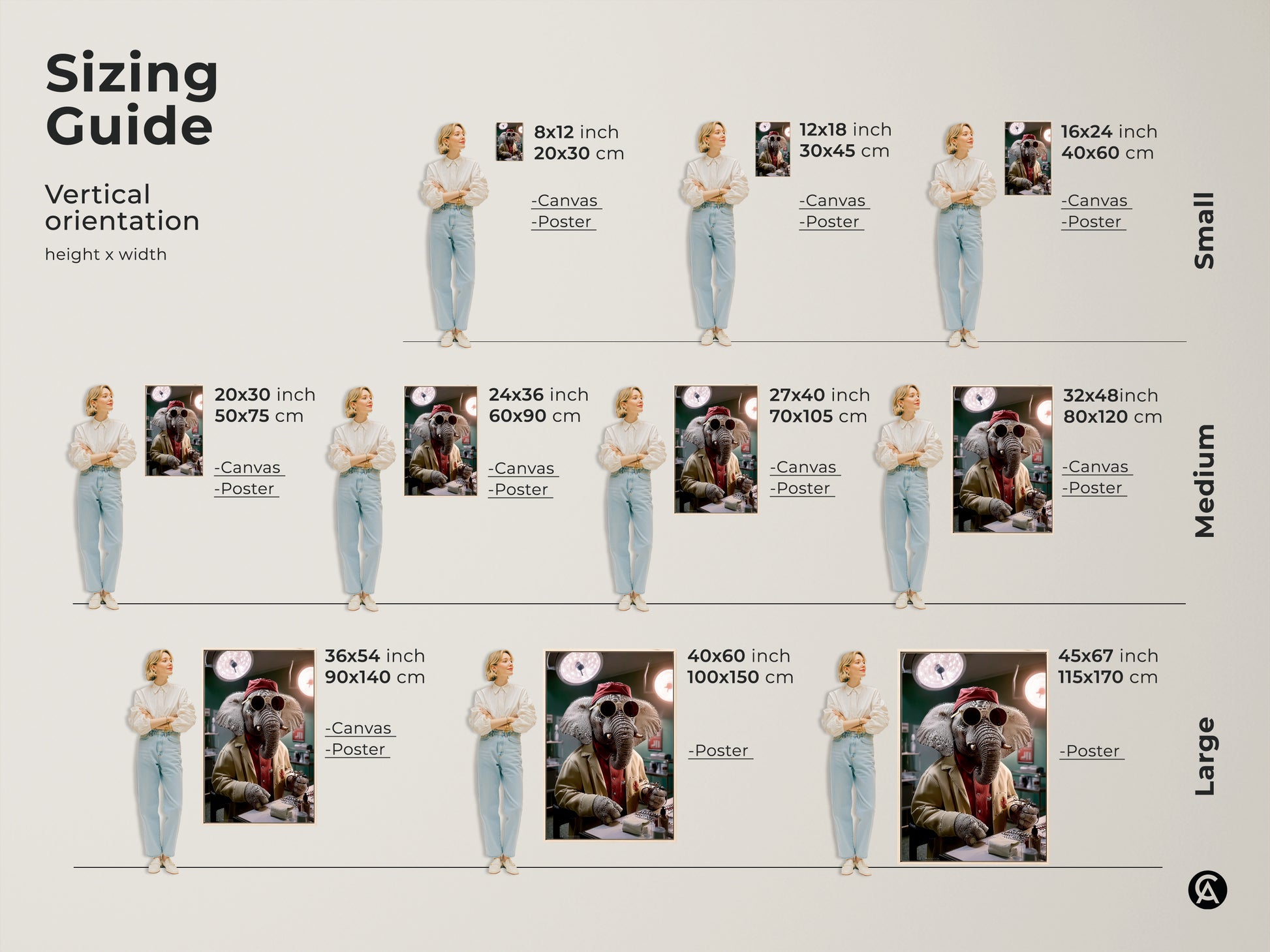 Sizing guide for the vertical orientation of the surreal elephant doctor art. Both canvas and poster prints are available in sizes from small to large. This funny medical office decor is also unique animal portrait art. It's an eclectic gift for doctors or surgeons.