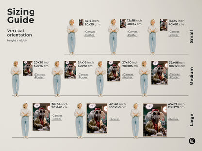 Sizing guide for the vertical orientation of the surreal elephant doctor art. Both canvas and poster prints are available in sizes from small to large. This funny medical office decor is also unique animal portrait art. It's an eclectic gift for doctors or surgeons.