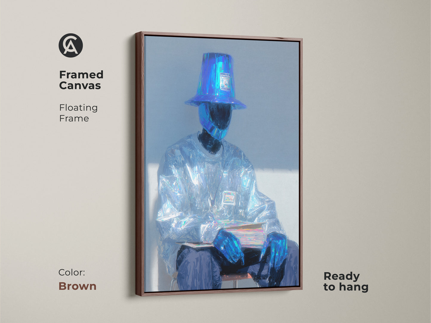 Framed canvas print featuring a seated figure artwork. The subject has a bucket hat and reflective clothing. The floating frame is in brown. This ready-to-hang piece enhances any room's aesthetic.