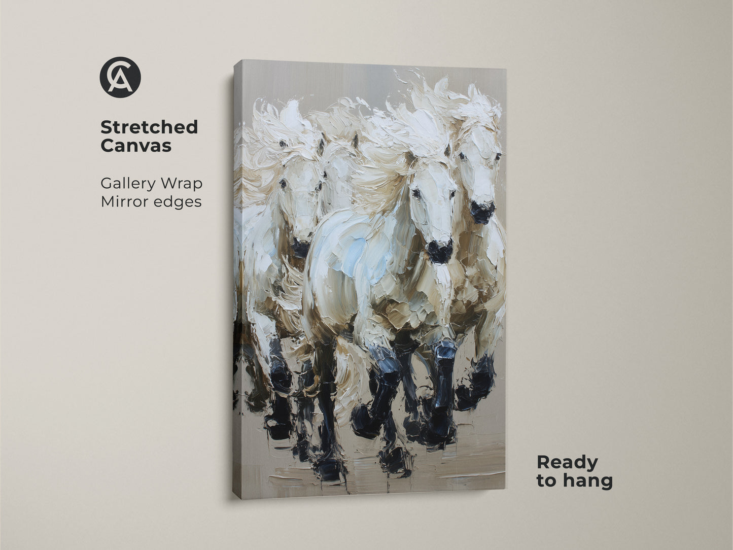 Close-up of Galloping White Horses Canvas Print. This stretched canvas art has gallery-wrapped mirror edges. The contemporary animal wall decor is ready to hang. It offers a modern farmhouse horse print for horse lovers.
