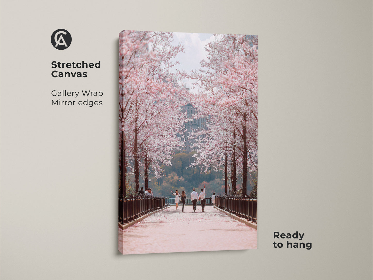 This stretched canvas art features a couple walking under cherry blossoms. It is a spring landscape photography print. The gallery wrap and mirror edges add a modern touch. Ready to hang this romantic couple wall art brings seasonal beauty into your home.