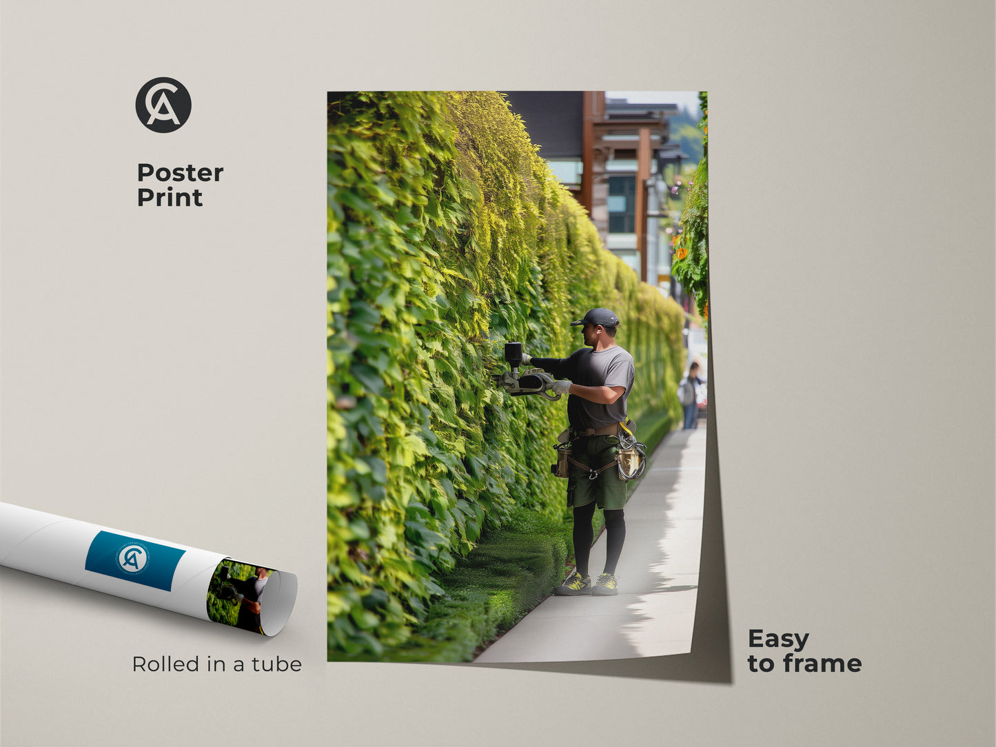 Poster print of a gardener maintaining a lush ivy wall. Easy to frame this museum-quality paper art brings urban gardening photography to any space. Perfect housewarming gift for botanical art lovers.