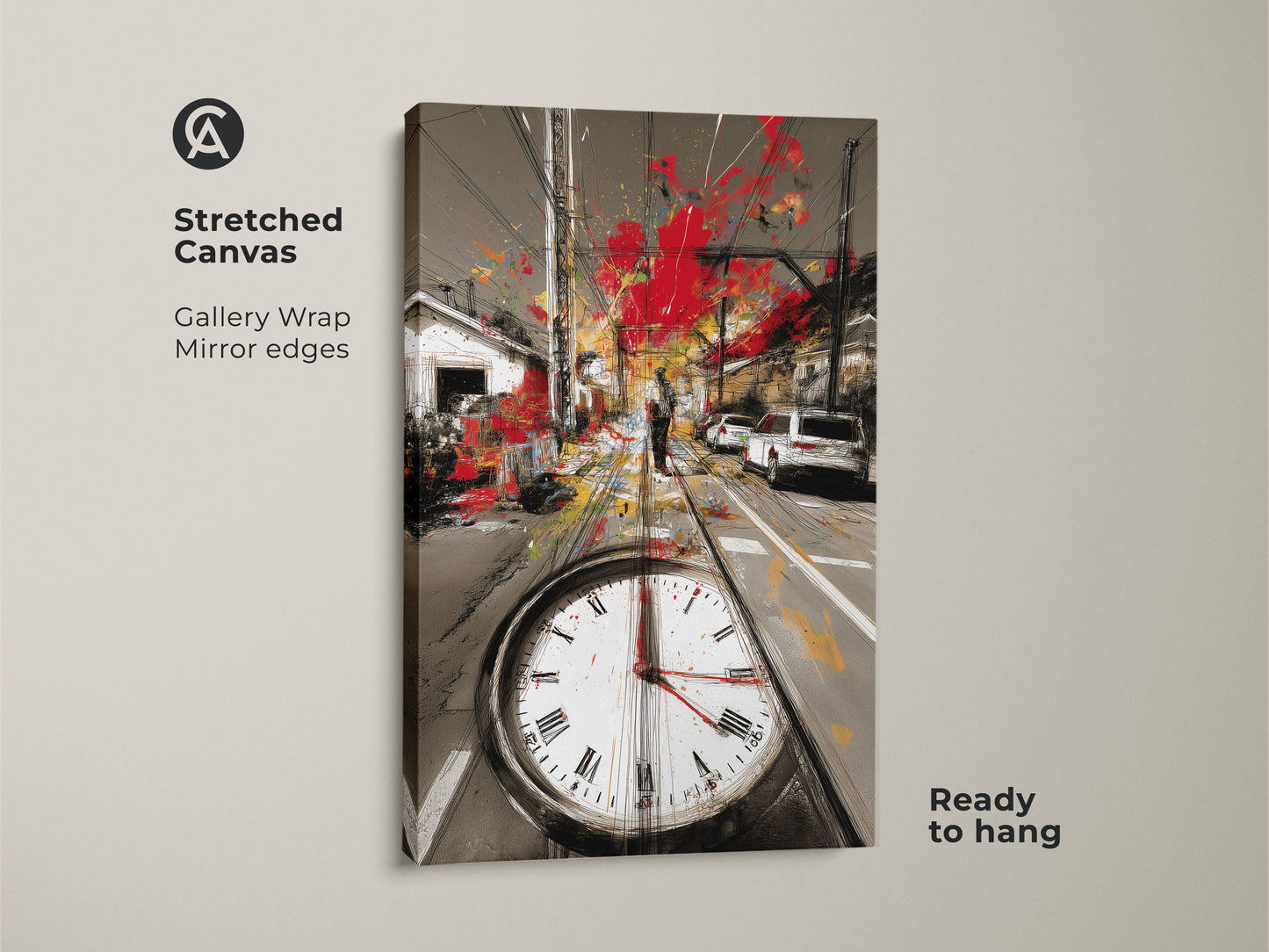 Stretched canvas print of an abstract cityscape with gallery wrapped mirror edges. The artwork shows tram tracks a clock and bursts of red paint. This contemporary art is ready to hang adding urban flair to any space.