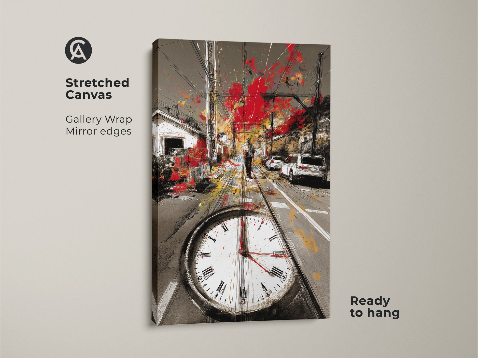 Stretched canvas print of an abstract cityscape with gallery wrapped mirror edges. The artwork shows tram tracks a clock and bursts of red paint. This contemporary art is ready to hang adding urban flair to any space.