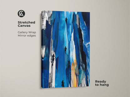 Stretched canvas displays 'Urban Climber Blue Print' abstract art. This urban climber canvas print features gallery-wrapped edges. It's ready to hang and perfect for modern office decor. The blue waterfall art print adds a contemporary touch. It's ideal for urban explorers.
