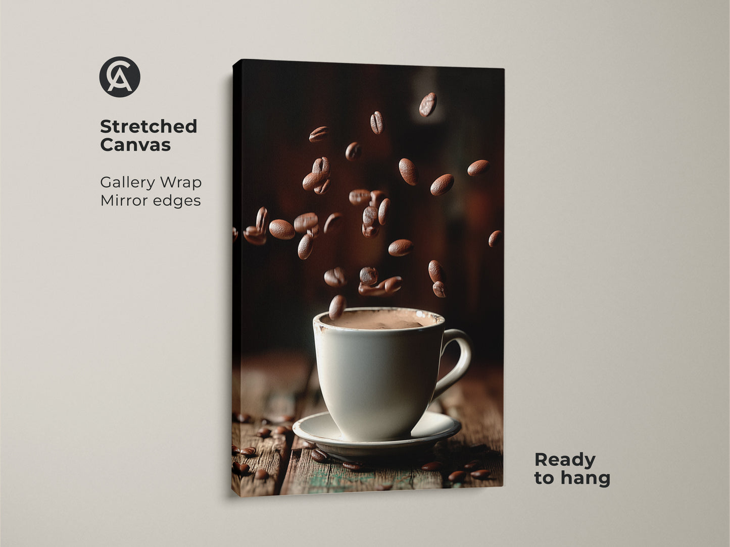 This stretched canvas presents a gallery-wrapped coffee cup art piece. Mirror edges enhance the falling coffee beans artwork. It features a white cup on a rustic wooden surface. This contemporary coffee print is ready to hang. It adds a modern touch to any kitchen or cafe decor.