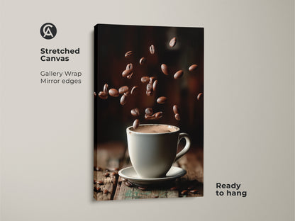This stretched canvas presents a gallery-wrapped coffee cup art piece. Mirror edges enhance the falling coffee beans artwork. It features a white cup on a rustic wooden surface. This contemporary coffee print is ready to hang. It adds a modern touch to any kitchen or cafe decor.