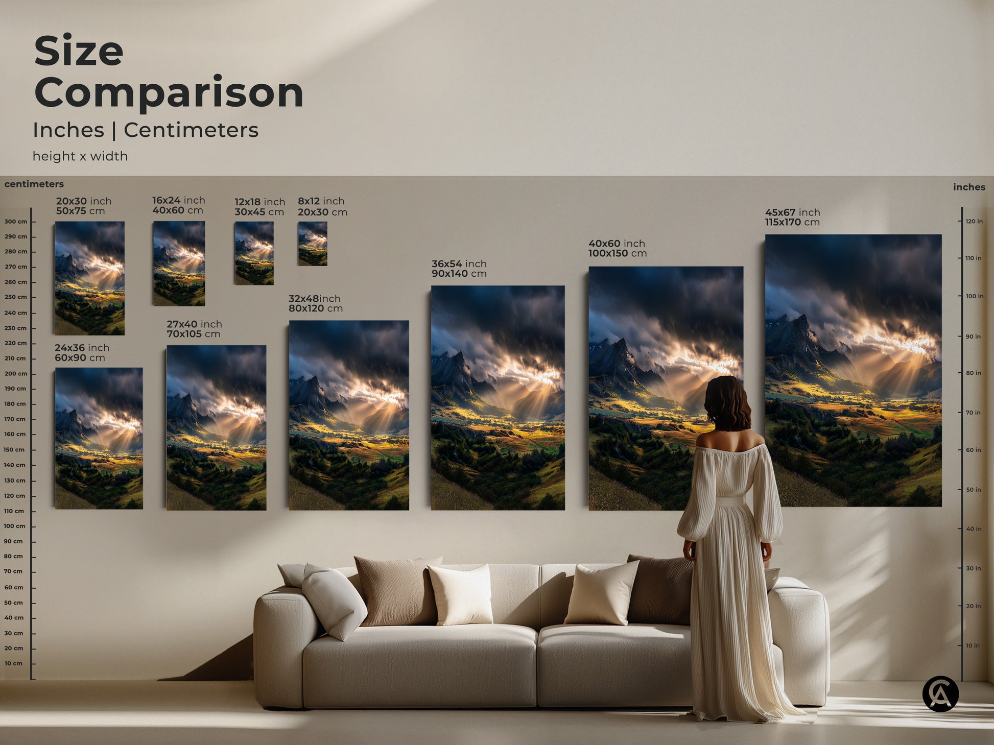 Size comparison of mountain valley canvas art and poster prints. Various sizes are displayed above a sofa. Find the ideal scale for your space. Transform your living room with this rustic nature wall decor.