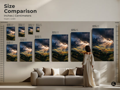 Size comparison of mountain valley canvas art and poster prints. Various sizes are displayed above a sofa. Find the ideal scale for your space. Transform your living room with this rustic nature wall decor.