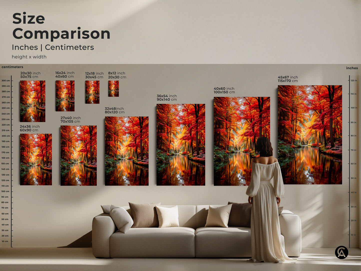 Compare sizes of this autumn forest art with our size comparison tool. See the artwork in inches and centimeters. From small 16x24 to large 45x67 options. The river landscape print is perfect above sofas or in bedrooms. Visualize the nature scenery artwork in your space to enhance your home decor.