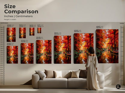 Compare sizes of this autumn forest art with our size comparison tool. See the artwork in inches and centimeters. From small 16x24 to large 45x67 options. The river landscape print is perfect above sofas or in bedrooms. Visualize the nature scenery artwork in your space to enhance your home decor.